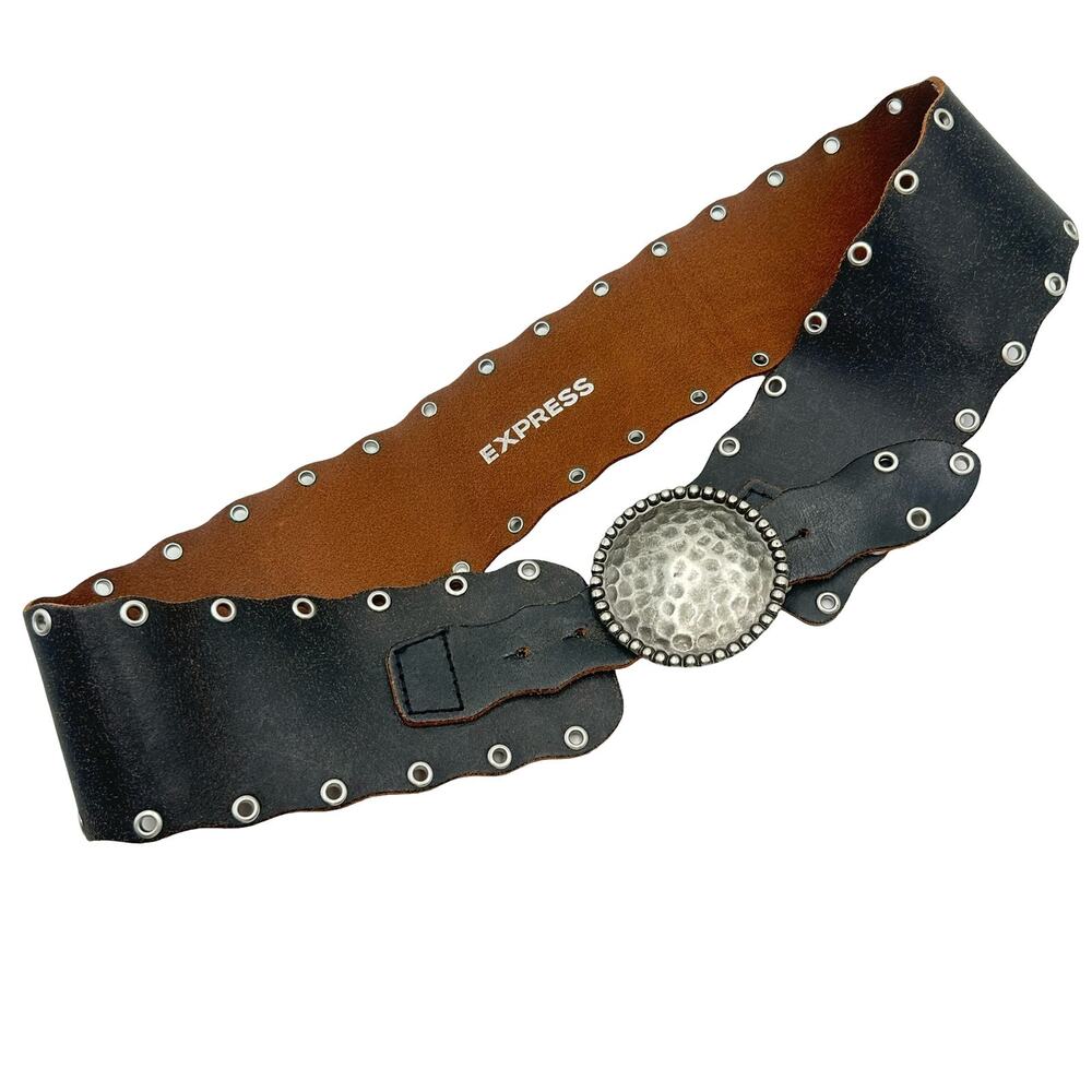 VTG EXPRESS Belt Women's Black Leather Wide Hammered Buckle Western Y2K Italy